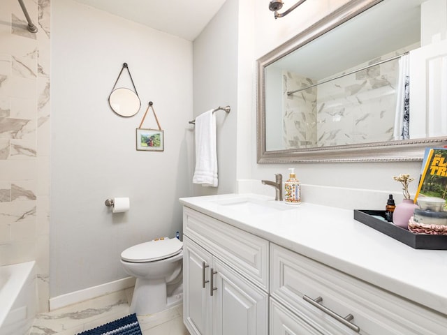 bathroom with marble finish floor, vanity, toilet, and baseboards