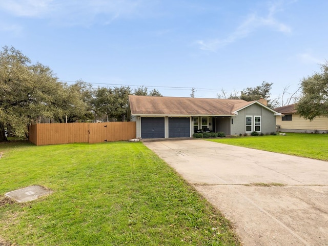 single story home featuring a garage, driveway, a front lawn, and fence