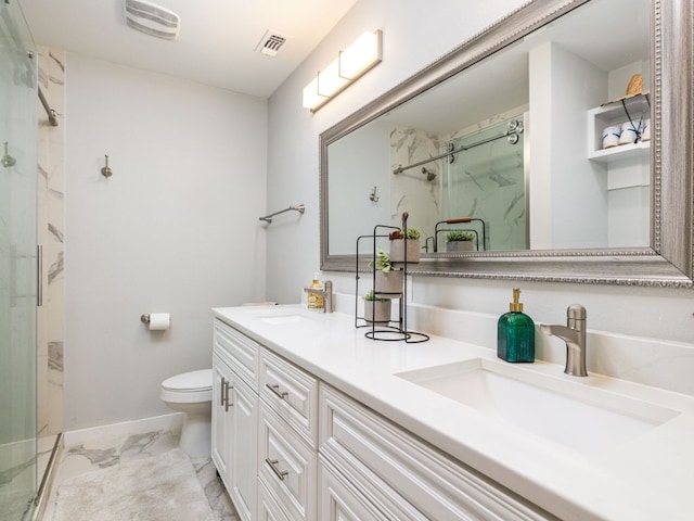 full bath with toilet, a sink, visible vents, marble finish floor, and a marble finish shower