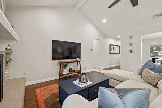 2101 Falcon Hill Dr, Austin, TX 78745 - living room featuring ceiling fan, beam ceiling, wood finished floors, baseboards, and high vaulted ceiling
