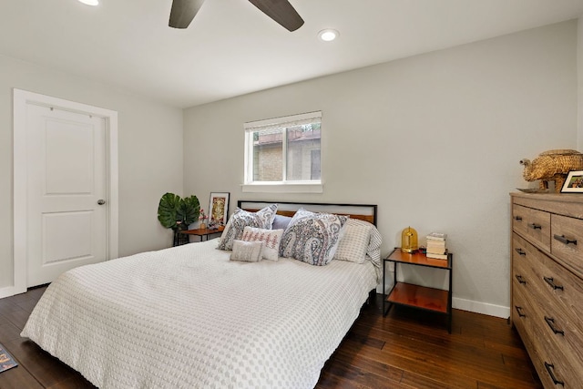2101 Falcon Hill Dr, Austin, TX 78745 - bedroom featuring dark wood finished floors, baseboards, recessed lighting, and ceiling fan