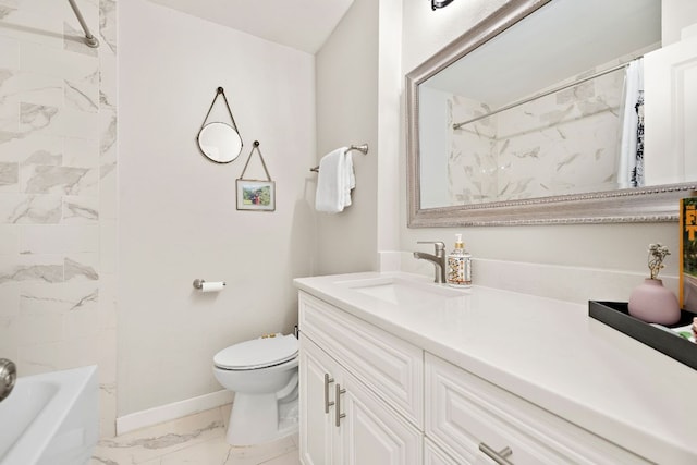 2101 Falcon Hill Dr, Austin, TX 78745 - full bathroom with marble look tiles, vanity, and shower / bathtub combination with curtain
