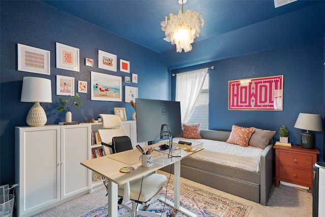 bedroom featuring carpet and a chandelier