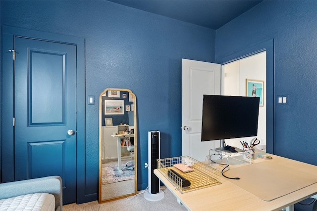 carpeted office space featuring a textured wall