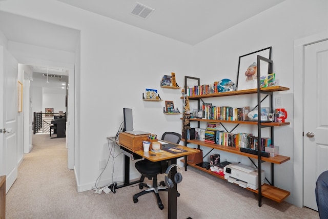 home office with carpet, attic access, visible vents, and baseboards