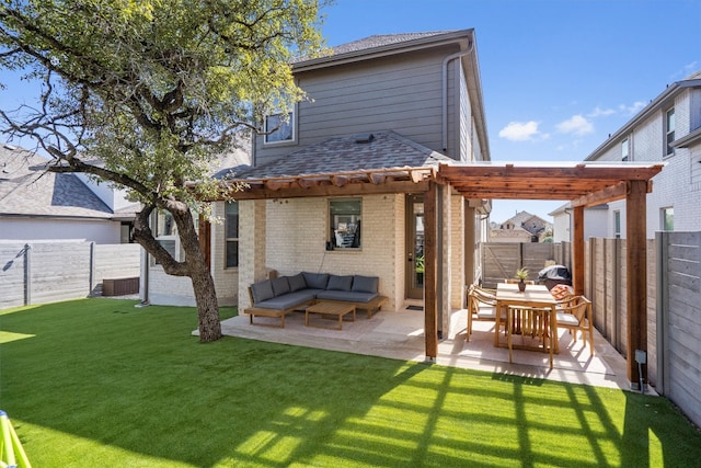 rear view of house featuring a lawn, a fenced backyard, a patio area, outdoor lounge area, and brick siding