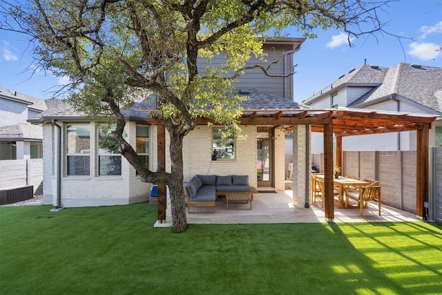 rear view of property with a fenced backyard, brick siding, an outdoor living space, a lawn, and a pergola