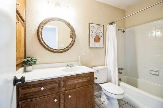 full bathroom with toilet, tile patterned flooring, shower / bath combination with curtain, and vanity