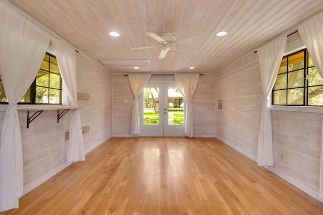 unfurnished room with recessed lighting, wooden ceiling, wooden walls, and wood finished floors