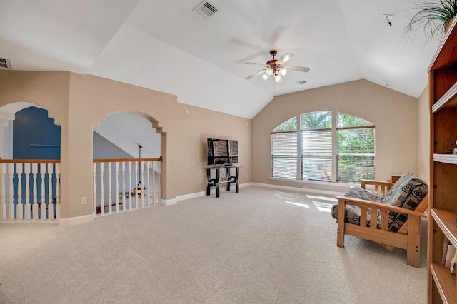 6405 Gouldville Ct, Austin, TX 78739 - living area featuring carpet floors, a ceiling fan, arched walkways, and visible vents
