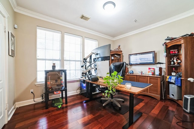 office featuring ornamental molding, dark wood finished floors, visible vents, and baseboards