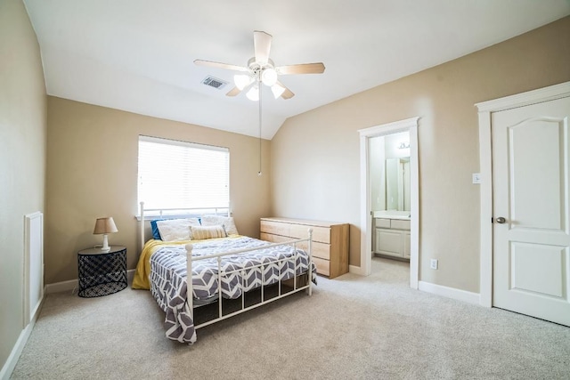 bedroom featuring light carpet, baseboards, visible vents, ceiling fan, and vaulted ceiling