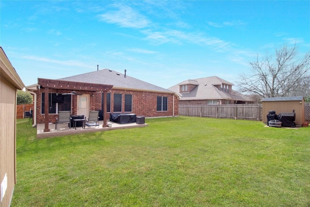 rear view of house featuring brick siding, a patio area, a pergola, a fenced backyard, and an outdoor structure