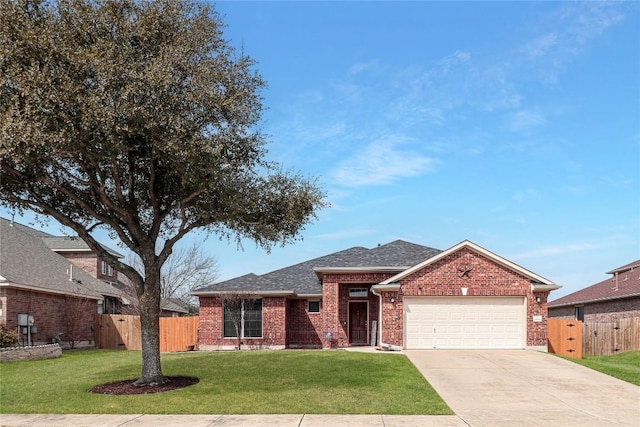 single story home featuring an attached garage, a front yard, fence, and brick siding