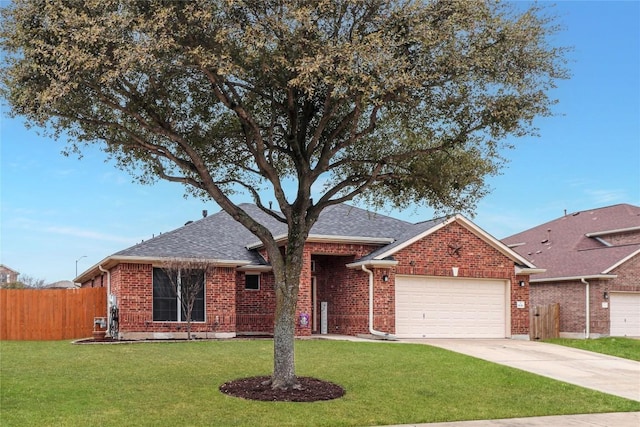 single story home featuring a garage, brick siding, fence, concrete driveway, and a front yard