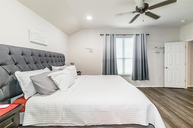 bedroom with baseboards, a ceiling fan, wood finished floors, vaulted ceiling, and recessed lighting