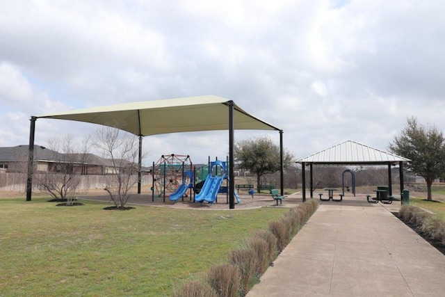 community jungle gym featuring a yard and a gazebo