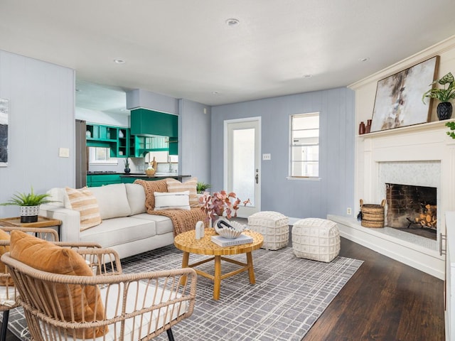 living area with a fireplace with raised hearth and wood finished floors