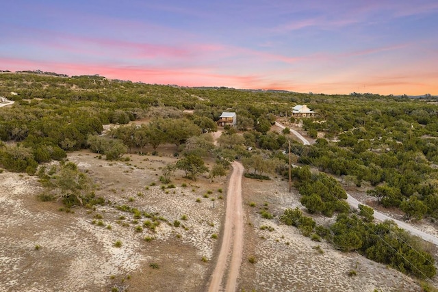 aerial view at dusk featuring a wooded view