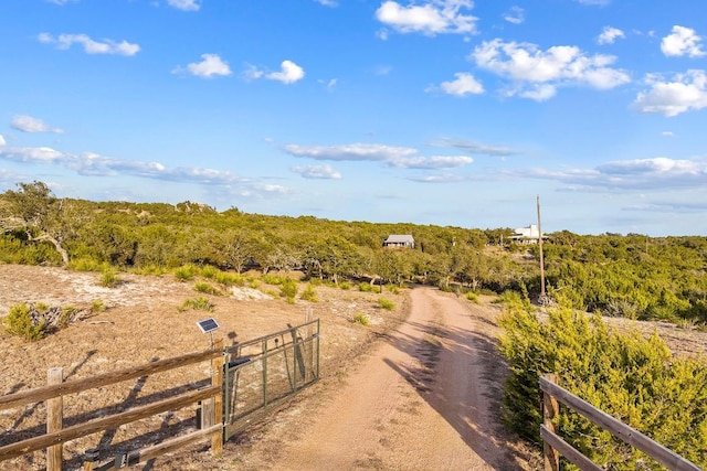 view of street featuring a gated entry and dirt driveway