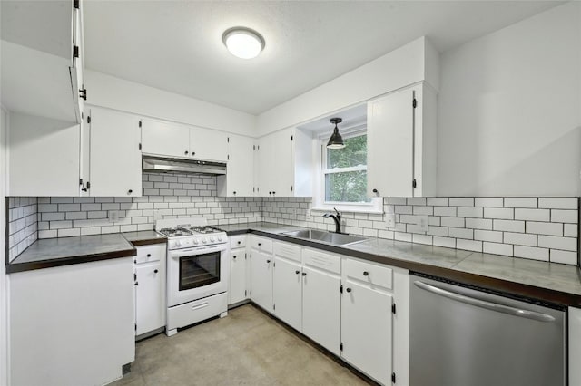 kitchen featuring dark countertops, white range with gas cooktop, a sink, dishwasher, and under cabinet range hood