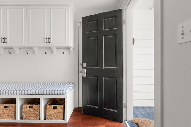 mudroom featuring dark wood-style floors and ornamental molding