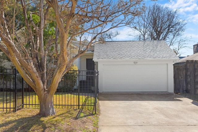 view of front facade featuring a garage, stucco siding, fence, and roof with shingles