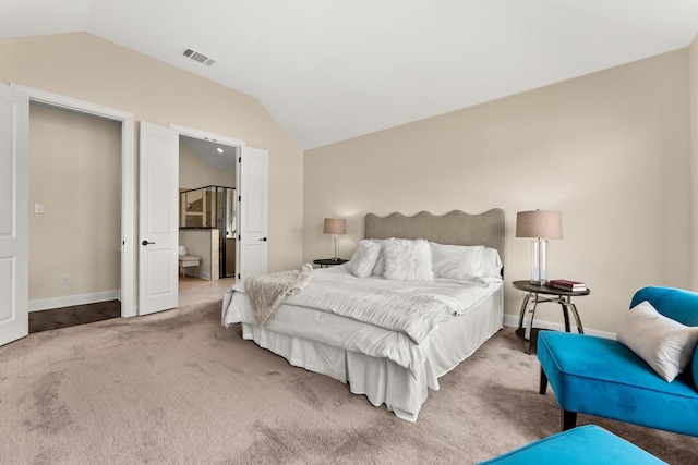 bedroom featuring carpet, visible vents, vaulted ceiling, and baseboards