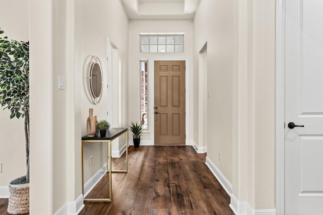 foyer with a high ceiling, baseboards, and dark wood-type flooring