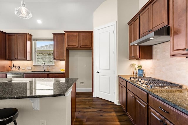 kitchen featuring dark stone counters, dark wood-style flooring, stainless steel appliances, under cabinet range hood, and a sink