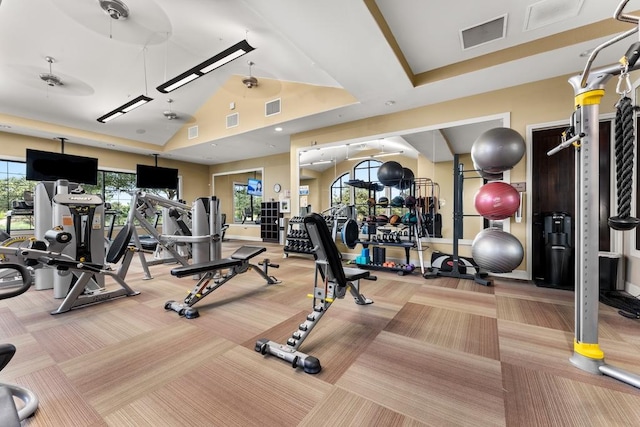 workout area with carpet floors and visible vents