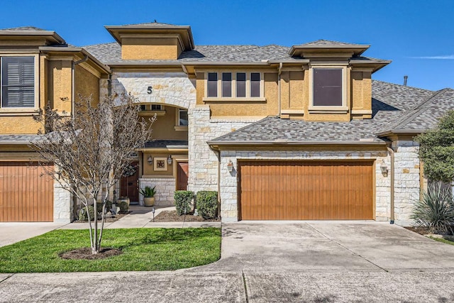 view of front of property featuring a garage, stone siding, concrete driveway, roof with shingles, and stucco siding