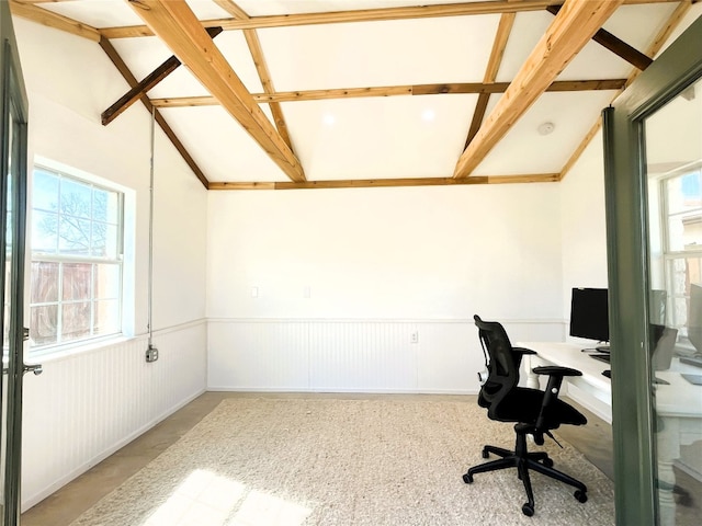 401 San Jacinto St, Smithville, TX 78957 - unfurnished office featuring vaulted ceiling with beams and wainscoting