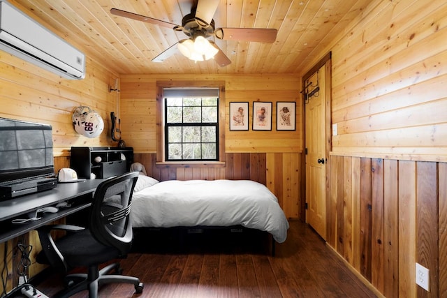 bedroom featuring wooden walls, wooden ceiling, ceiling fan, hardwood / wood-style floors, and an AC wall unit