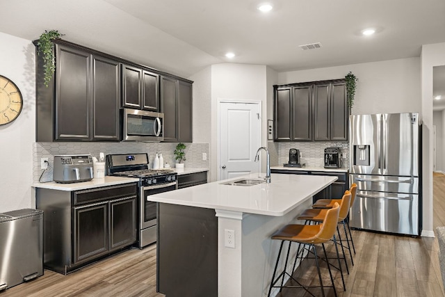 kitchen with a center island with sink, stainless steel appliances, visible vents, a sink, and light wood-type flooring