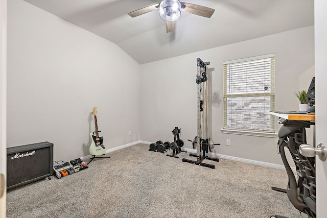 workout area featuring lofted ceiling, carpet, baseboards, and ceiling fan