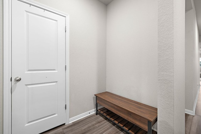 mudroom with baseboards and dark wood finished floors