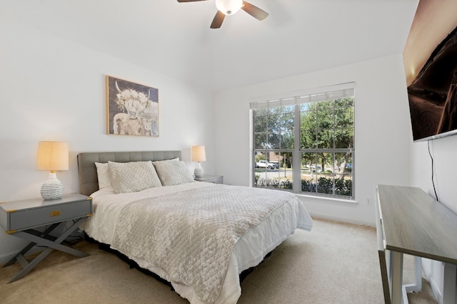 bedroom featuring carpet floors, ceiling fan, and baseboards