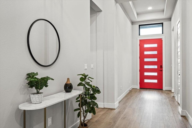 foyer entrance featuring baseboards and wood finished floors