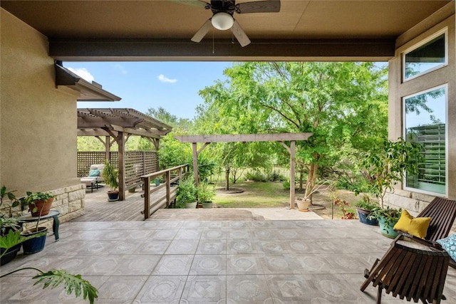 114 Hazelnut Ct, Driftwood, TX 78619 - view of patio with a ceiling fan, a pergola, and fence