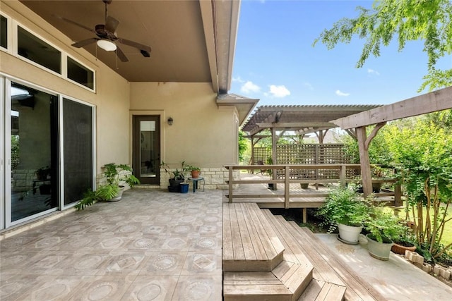 114 Hazelnut Ct, Driftwood, TX 78619 - view of patio with a pergola, a ceiling fan, and a wooden deck