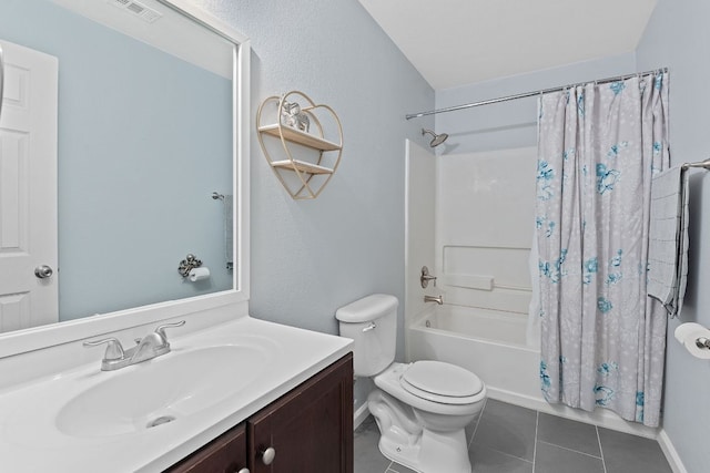 bathroom featuring baseboards, tile patterned floors, shower / tub combo with curtain, toilet, and visible vents