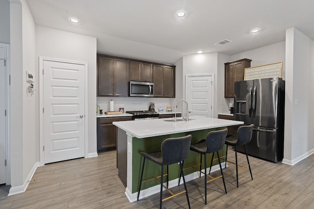 kitchen featuring tasteful backsplash, dark brown cabinets, stainless steel appliances, and a sink