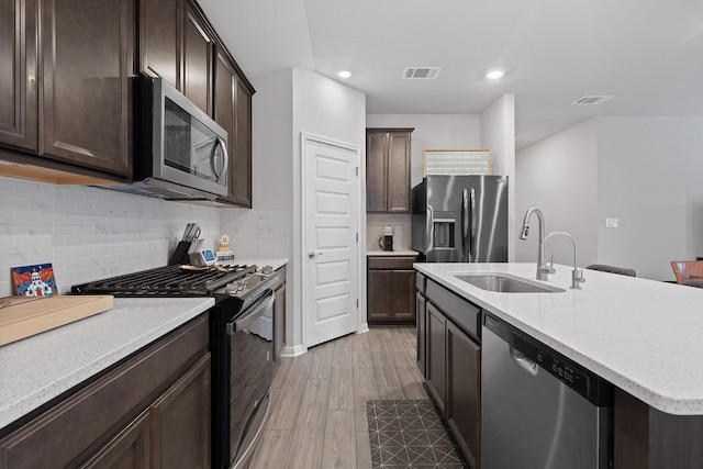 kitchen with dark brown cabinetry, stainless steel appliances, a sink, visible vents, and decorative backsplash