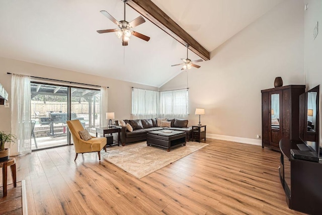 living area with baseboards, high vaulted ceiling, wood finished floors, and beamed ceiling