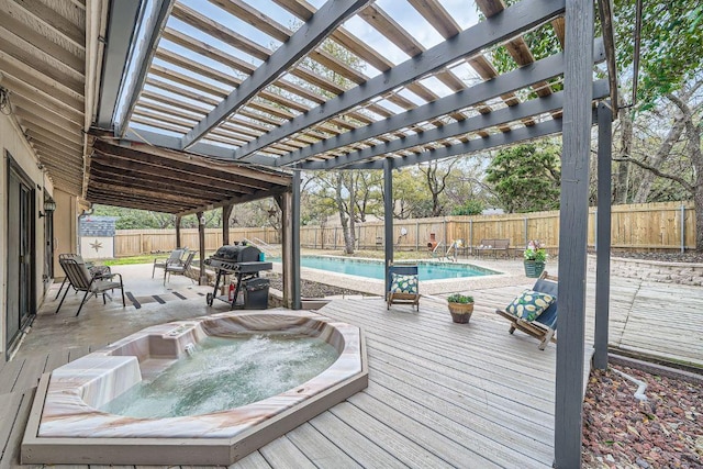 wooden deck with a fenced in pool, a fenced backyard, hot tub deck surround, a grill, and a pergola