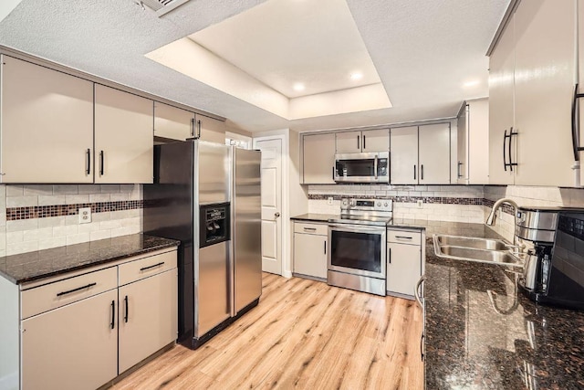 kitchen featuring tasteful backsplash, a raised ceiling, light wood-style flooring, stainless steel appliances, and a sink