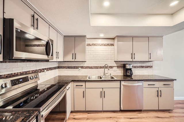 kitchen featuring light wood finished floors, appliances with stainless steel finishes, decorative backsplash, and a sink