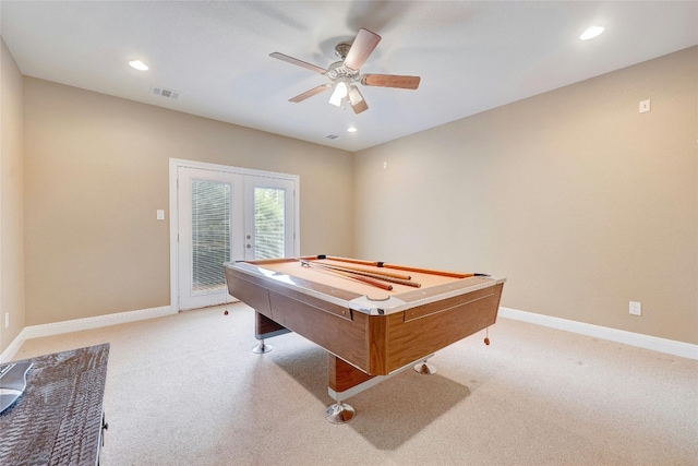 game room featuring light carpet, baseboards, and french doors