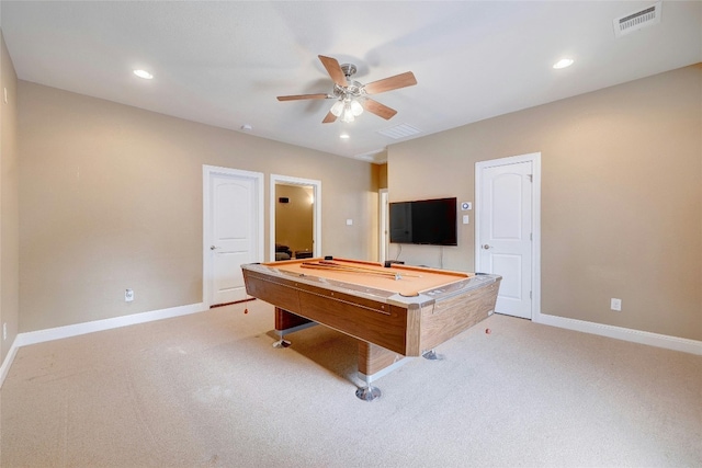 recreation room with light carpet, visible vents, and baseboards